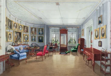 Tegnestue billedgalleri interiør, ca. 1835 (wc med gouache på papir)