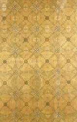 Et loftpanel med gentagne abstrakte blade-design i olivengrøn, okker, rød og gul, ca. 1893