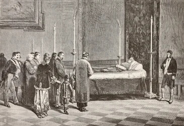 Kardinal Giacomo Antonellis lig liggende i tilstand i et af rummene i Vatikanet, gravering fra en tegning af Dante Paolocci fra L