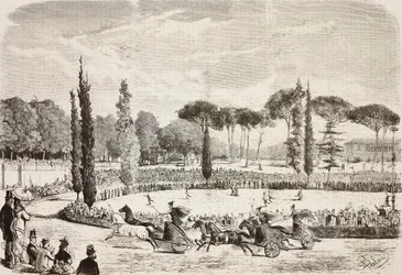 Vogneløb i Villa Borghese, Rom, Italien, gravering fra tegning af Dante Paolocci fra L