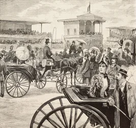 Elegante mænd og kvinder deltager i et hestevæddeløb på racerbanen, Rom, Italien, gravering fra en tegning af Dante Paolocci, fra L