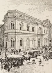 Evangelisk kirke på Via Nazionale, Rom, Italien, stik efter en tegning af Dante Paolocci, fra L