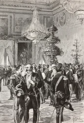 Italienske politikere og officerer fejrer nytårsaften i Quirinal Palace, Rom, Italien, gravering af Centenari fra tegning af Dante Paolocci, fra L