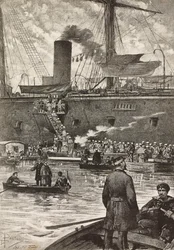 Italienske soldater går ombord på slagskibet Principe Amedeo, italiensk ekspedition i Rødehavet, Napoli, Italien, gravering fra tegning af Dante Paolocci, fra L