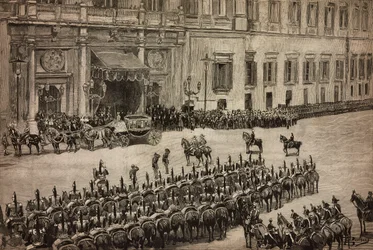 Åbning af Parlamentet, ankomst af kong Umberto I til Montecitorio, Rom, Italien, gravering fra tegning af Dante Paolocci, L