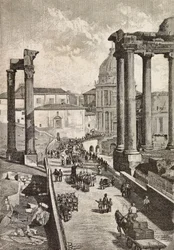 Passage gennem Forum, Rom, Italien, gravering fra tegning af Dante Paolocci, fra L
