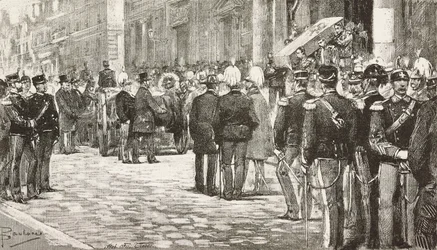 Poliitikot ja upseerit osallistuvat Luigi Mezzacapon (1814-1885), italialaisen poliitikon ja upseerin hautajaisiin, Rooma, Italia, kaiverrus Dante Paoloccin piirroksesta, L