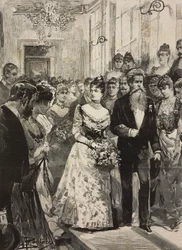 Dronning Margherita af Savoyen til fest i den kunstneriske klub (Circolo Artistico) i Rom, ledsaget af billedhugger Giulio Monteverde, Italien, gravering efter tegning af Dante Paolocci, fra L
