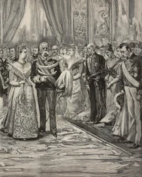 Umberto I og Margherita af Savoyen til koncert i anledning af deres sølvbryllup, Palazzo del Quirinale, Rom, Italien, gravering efter tegning af Dante Paolocci, fra L