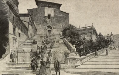 Udsigt over basilikaen Santa Maria i Aracoeli, Rom, Italien, gravering efter tegning af Dante Paolocci, fra L