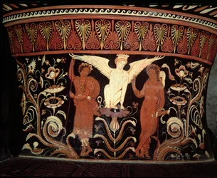 Apuliens rød-figur volut krater, detalje af halsen forestillende Ødipus og Sfinxen keramik se også 153772