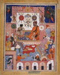 Købmanden Misbah bringer spionen Parran til sit hus, Folio fra en Hamzanama..., ca. 1570.