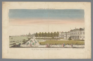 Udsigt over Somerset House fra Themsens bred med London i baggrunden Le Palais Royal de Somerset / Vue du Palais Royal Somerset du côté de la Thamise (titel på objektet)