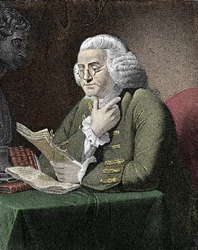 Portræt af Benjamin Franklin (1706-1790), amerikansk filosof, fysiker og ambassadør. Gravering efter et maleri af David Martin.