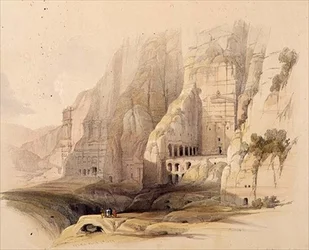 Udgravede palæer i Petra, 7. marts 1839, plade 103 fra bind III af "The Holy Land", graveret af Louis Haghe (1806-85), udg. 1849 (litografi)