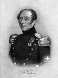 Portræt af Guillaume-Henri Dufour (1787-1875), schweizisk general, ingeniør, topograf og medstifter af Den Internationale Røde Kors Komité, stik efter en tegning af Karl Friedrich Irminger (1813-1863)