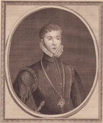 Portræt af Henry Stuart, Lord Darnley (1545-1567), King Consort of Scotland, kobberstik af John Goldar (1729-1795) fra maleri af Lucas de Heere