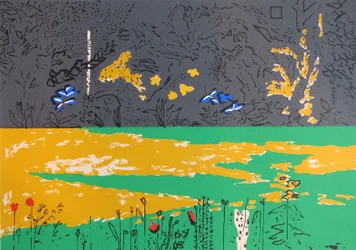 Have, mørk kant med blå liljer (screenprint)