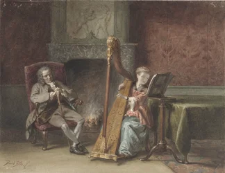 Interiør med en pige, der spiller på harpe, og en herre i en stol, der ser på