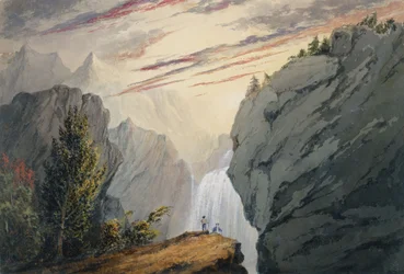 Ved vandfaldet, ca. 1850 (akvarel, gummi arabicum og gouache på råhvidt vævet papir)
