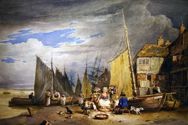 En fiskekone med sine varer ved Themsen (akvarel på papir)