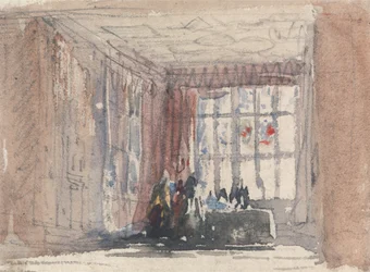 Et Tudor-værelse med figurer, muligvis Hardwick Hall eller Haddon Hall