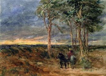 Rejsende nærmer sig en vejviser på en hede, 1851