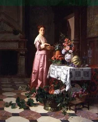 Dame med frugt og blomster på et bord