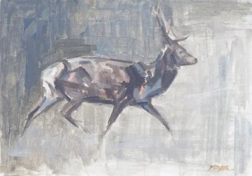 Red Deer Stag Running, 2023 (olie på lærred)