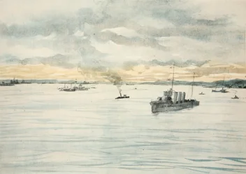 En destroyer i en havn, illustration fra 