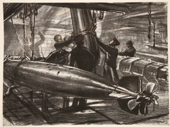 I den neddykkede torpedoplads på et slagskib, illustration fra 