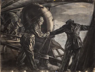 Studie til vinterminelægning ud for Island, ca. 1942 (kul og farvet kridt på papir)