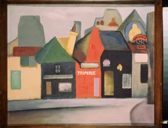 Landskab (gade i en fransk landsby med en kallusbutik og et konditori). Maleri af David Petrovich Sterenberg (1881-1948), olie på lærred