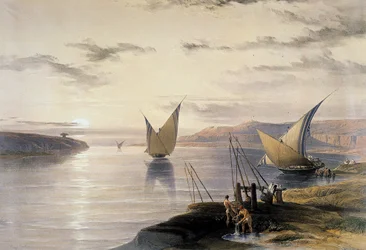 David Roberts (1796-1864) britisk (skotsk) kunstner. "Både på Nilen", akvarel. Nederst til højre hæves vandet ved hjælp af en shaduf. Victoria and Albert Museum, London