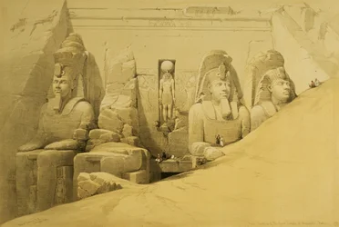 Frontfacade af det store tempel i Abu Simbel, Nubien, tavle 44 fra bind II af “Egypt and Nubia”, graveret af Louis Haghe (1806-85), udgivet 1849