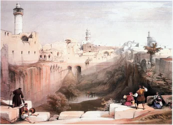 I det hellige land: Jerusalem, Bethesda-dammen, Tempelbjerget til venstre (gravering)