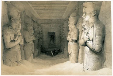 Interiør af Temple of Aboo Simbel (Abu eller Abu Simbel), tegning lavet den 09/11/1836 i "The Holy Land"", London 1849