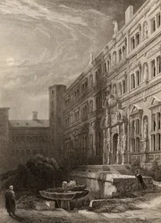 Heidelbergs store hof, indgraveret af H. Winkles, illustration fra 