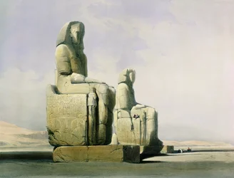 Theben, 4. december 1838, detalje af Memnonkolosserne, tavle 12 fra bind I af Egypten og Nubien, graveret af Louis Haghe 1806-85, udgivet 1846, litografi, detalje af 67033