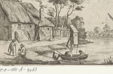Landskab med gård og vand