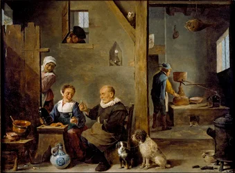 Et destilleri med en ældre mand, der køber gin af en kvinde, c1640-1649