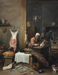 Et køkkeninteriør med en kok, der forbereder vildt ved et bord (Le Cuisinier Flamand)