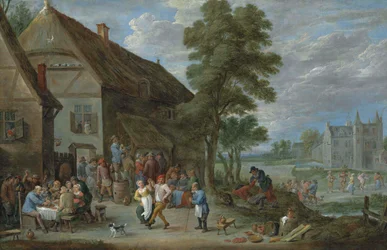 Bønder danser uden for en kro i Perck, med Kasteel de Drij Toren bagved