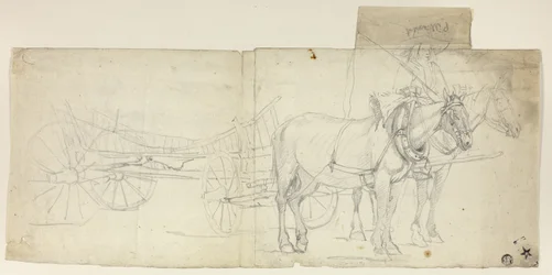 To heste med kusk, der trækker vogn (recto); Skitser af kvinder, der bøjer sig forover (verso)