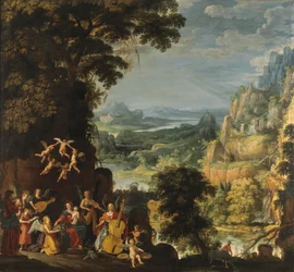 Landskab med flugten til Egypten, ca. 1610-40 (olie på eg)