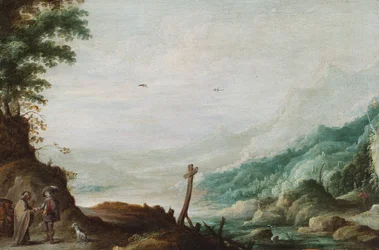 Et bjergrigt flodlandskab med en spåkone (olie på panel)