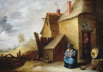 Sommerhus i et landskab (olie på panel)