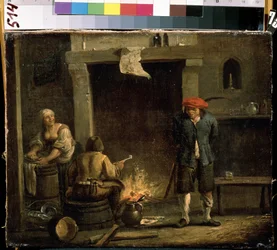 Foran ildstedet (Ved ovnen). Maleri af David Teniers den yngre (1610-1690). Olie på træ, 32 x 53 cm
