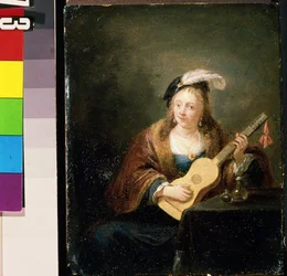 Kvinde med en guitar. Maleri af David Teniers den yngre (1610-1690). Olie på træ