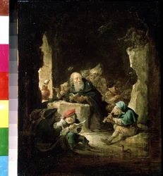Sankt Anthonys fristelse. Maleri af David Teniers den yngre (1610-1690). Olie på træ, 24,6 x 20,3 cm, ca. 1640. Flamsk kunst, barokkunst. Pushkin Museum of Fine Arts, Moskva.